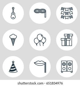 Vector Illustration Of 9 Party Icons. Editable Pack Of Carnaval Mask, Cap, Present And Other Elements.