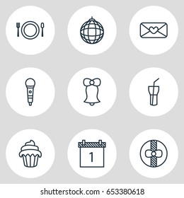 Vector Illustration Of 9 Party Icons. Editable Pack Of Cupcake, Jingle, Cutlery And Other Elements.