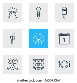 Vector Illustration Of 9 Party Icons. Editable Pack Of Party Flag, Date Block, Cutlery And Other Elements.
