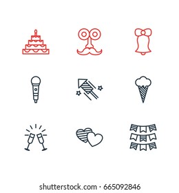 Vector Illustration Of 9 Party Icons. Editable Pack Of Party Flag, Goblet, Man Style And Other Elements.