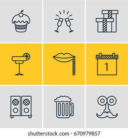 Vector Illustration Of 9 Party Icons. Editable Pack Of Draught, Man Style, Date Block And Other Elements.