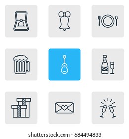 Vector Illustration Of 9 Party Icons. Editable Pack Of Goblet, Musical Instrument, Present And Other Elements.