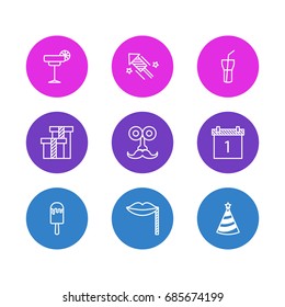 Vector Illustration Of 9 Party Icons. Editable Pack Of Date Block, Present, Firecracker And Other Elements.