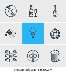 Vector Illustration Of 9 Party Icons. Editable Pack Of Musical Instrument, Fizz, Draught And Other Elements.