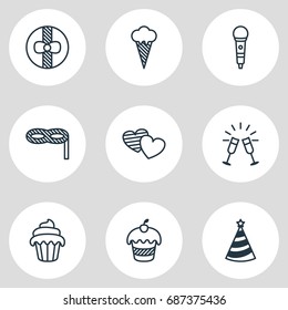 Vector Illustration Of 9 Party Icons. Editable Pack Of Karaoke, Muffin, Masquerade And Other Elements.