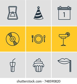 Vector Illustration Of 9 Party Icons. Editable Pack Of Cupcake, Carnaval Mask, Date Block And Other Elements.