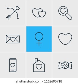 Vector illustration of 9 passion icons line style. Editable set of find, candy, soul icon elements.