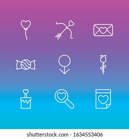 Vector illustration of 9 passion icons line style. Editable set of find, mail, bow and other icon elements.