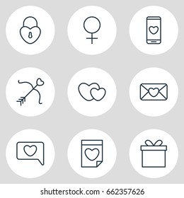 Vector Illustration Of 9 Passion Icons. Editable Pack Of Invitation, Cupid, Valentine And Other Elements.
