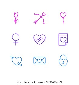 Vector Illustration Of 9 Passion Icons. Editable Pack Of Lock, Cupid, Woman And Other Elements.
