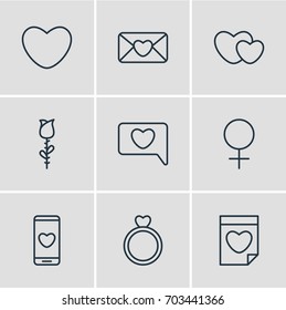 Vector Illustration Of 9 Passion Icons. Editable Pack Of Engagement, Valentine, Hearts And Other Elements.