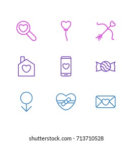 Vector Illustration Of 9 Passion Icons. Editable Pack Of Smartphone, Invitation, Cupid And Other Elements.