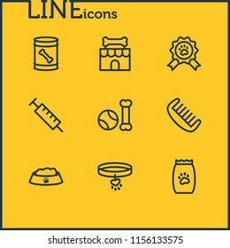 Vector illustration of 9 pet icons line style. Editable set of syringe, pet toys, nutrition and other icon elements.