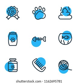 Vector illustration of 9 pet icons line style. Editable set of fish bone, clew, pet award and other icon elements.