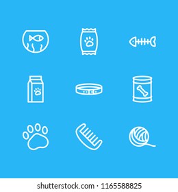 Vector illustration of 9 pet icons line style. Editable set of dog food in can, fishbowl, clew and other icon elements.