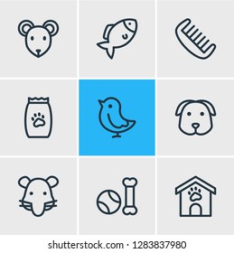 Vector illustration of 9 pet icons line style. Editable set of kennel, fish, pet toys and other icon elements.