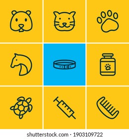 Vector Illustration Of 9 Pet Icons Line Style. Editable Set Of Collar, Turtle, Pet Medicine And Other Icon Elements.