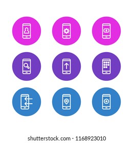 Vector illustration of 9 phone icons line style. Editable set of gadget, setting, add and other icon elements.