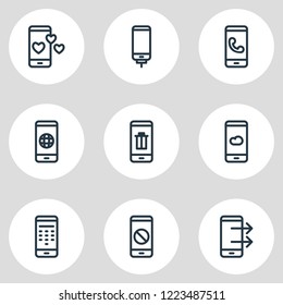 Vector illustration of 9 phone icons line style. Editable set of charging, block, trash and other icon elements.