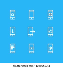 Vector illustration of 9 phone icons line style. Editable set of camera, add, communication and other icon elements.
