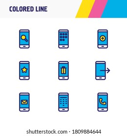 Vector illustration of 9 phone icons colored line. Editable set of search, trash, call and other icon elements.