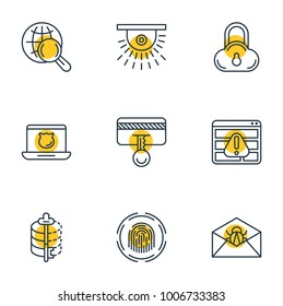 Vector illustration of 9 privacy icons line style. Editable set of fingerprint scanner, spam, cloud data protection and other icon elements.