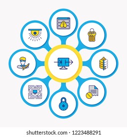 Vector illustration of 9 privacy icons colored line. Editable set of strong password, author rights, data encryption and other icon elements.