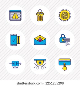 Vector illustration of 9 privacy icons colored line. Editable set of keychain, spam, video control and other icon elements.