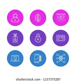 Vector illustration of 9 protection icons line style. Editable set of personal information, secure access, video control and other icon elements.