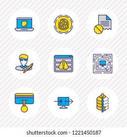 Vector illustration of 9 protection icons colored line. Editable set of access denied, author rights, protected computer and other icon elements.