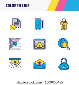 Vector illustration of 9 protection icons colored line. Editable set of mobile transaction, protected computer, damaged file and other icon elements.