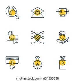 Vector Illustration Of 9 Protection Icons. Editable Pack Of Safe Lock, Confidentiality Options, Internet Surfing And Other Elements.
