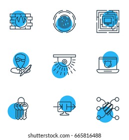 Vector Illustration Of 9 Protection Icons. Editable Pack Of Camera, Copyright, System Security And Other Elements.