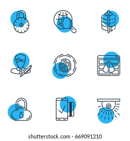 Vector Illustration Of 9 Protection Icons. Editable Pack Of Safe Lock, Safe Storage, Browser Warning And Other Elements.