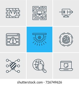 Vector Illustration Of 9 Protection Icons. Editable Pack Of Internet Surfing, Finger Identifier, Browser Warning And Other Elements.