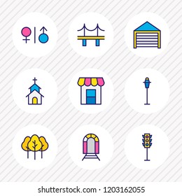 Vector illustration of 9 public icons colored line. Editable set of street light, church, traffic light and other icon elements.