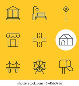 Vector Illustration Of 9 Public Icons. Editable Pack Of Golden Gate, Road Sign, Ferris Wheel And Other Elements.