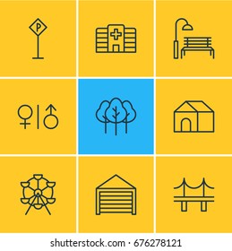 Vector Illustration Of 9 Public Icons. Editable Pack Of Home, Toilet, Bench And Other Elements.