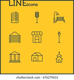 Vector Illustration Of 9 Public Icons. Editable Pack Of Parking, Lamppost, Building And Other Elements.