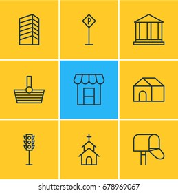 Vector Illustration Of 9 Public Icons. Editable Pack Of Skyscraper, Courthouse, Home And Other Elements.
