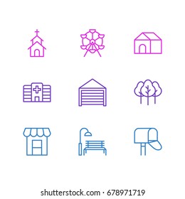 Vector Illustration Of 9 Public Icons. Editable Pack Of Forest, Bench, Parking And Other Elements.