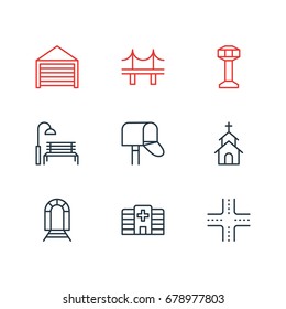 Vector Illustration Of 9 Public Icons. Editable Pack Of Intersection, Control Tower, Building And Other Elements.