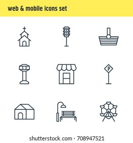 Vector Illustration Of 9 Public Icons. Editable Pack Of Road Sign, Building, Ferris Wheel And Other Elements.