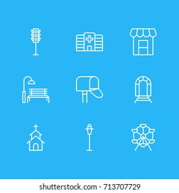 Vector Illustration Of 9 Public Icons. Editable Pack Of Semaphore, Building, Lamppost And Other Elements.