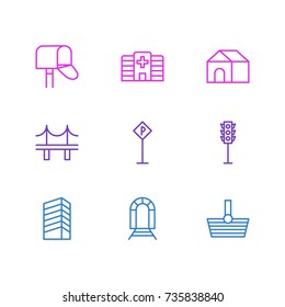 Vector Illustration Of 9 Public Icons. Editable Pack Of Home, Golden Gate, Mail Box And Other Elements.