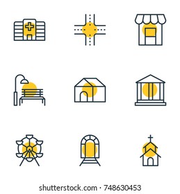Vector Illustration Of 9 Public Icons. Editable Pack Of Home, Subway, Clinic And Other Elements.