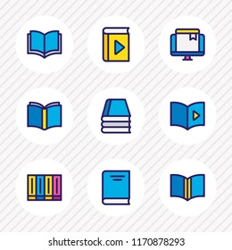 Vector illustration of 9 read icons colored line. Editable set of publication, audio book, publishing and other icon elements.