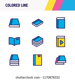 Vector illustration of 9 read icons colored line. Editable set of knowledge, player, dictionary and other icon elements.