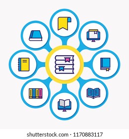 Vector illustration of 9 read icons colored line. Editable set of publication, information, study and other icon elements.