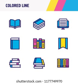 Vector illustration of 9 read icons colored line. Editable set of bookmark, document, textbook and other icon elements.